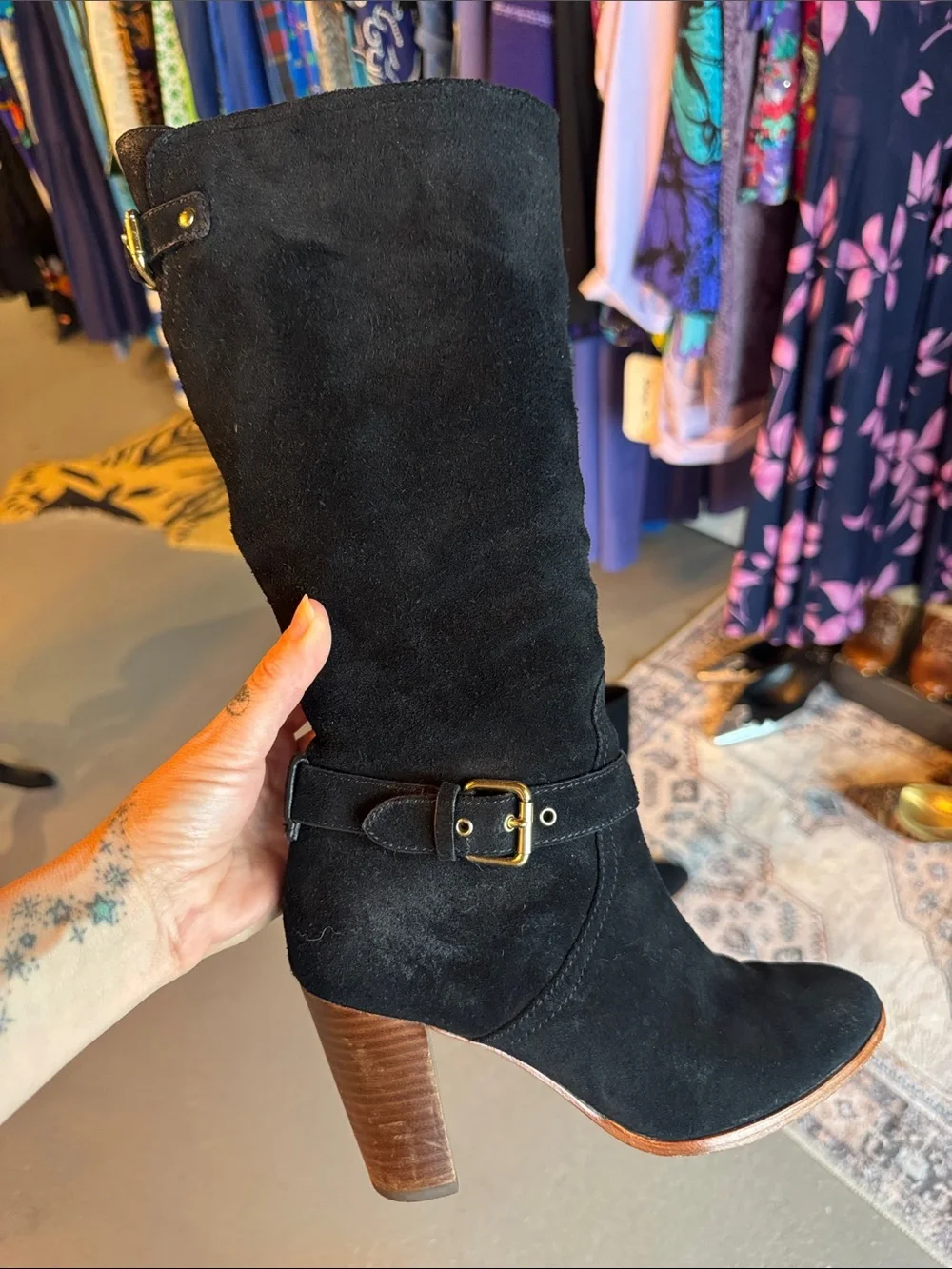 Coach Black Suede Mid-Calf Heeled Boots with Buckle Detail